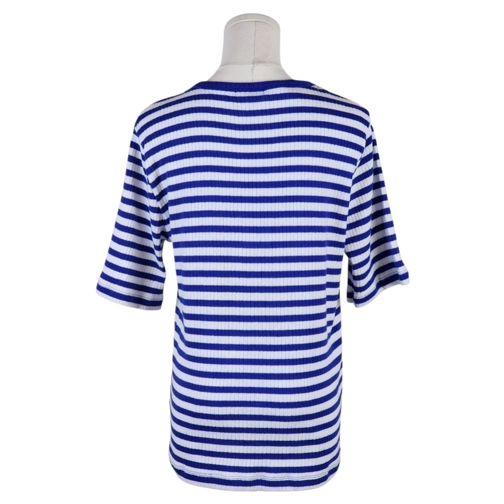 J. Crew Blue White Striped Henley Top Large Ribbed Knit Nautical Casual Tee - Picture 4 of 7
